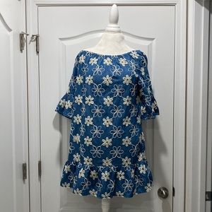 ICE Denim Dress Scoop Neck Size 8 Ivory Embroidery Floral Boutique Dress